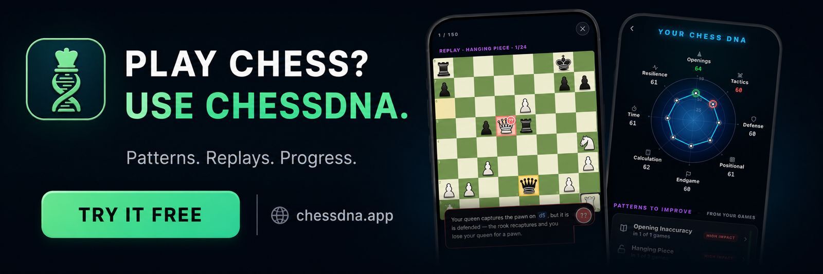 Play chess? Use ChessDNA. Patterns, replays, progress &mdash; try it free at chessdna.app